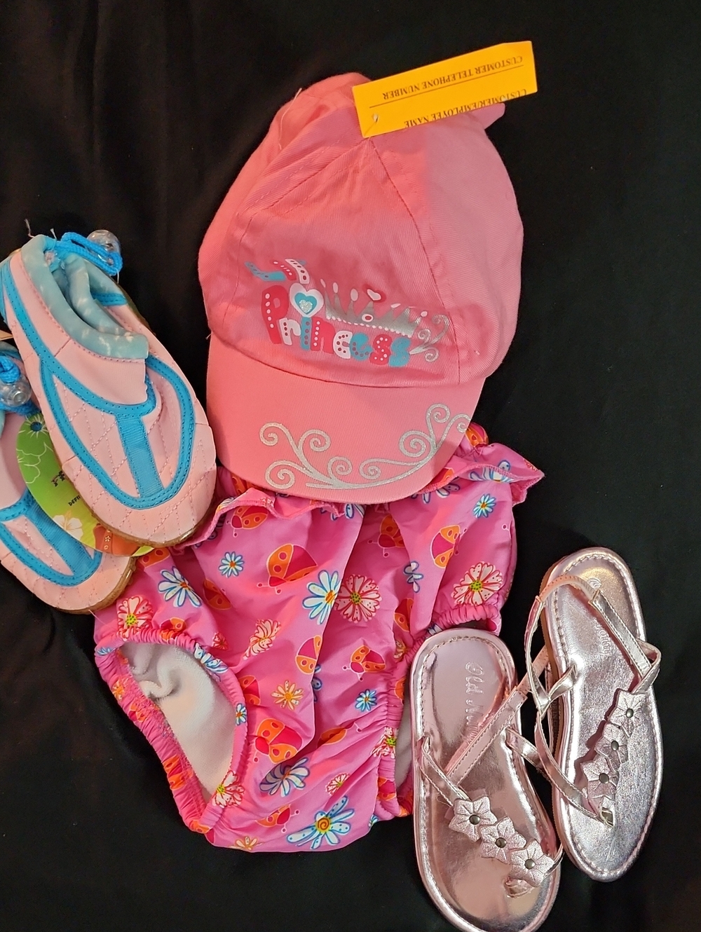 Kids Pink Summer Bundle!!One-Piece Swim Diaper, Pink Cap, Swim Shoes & Sandals